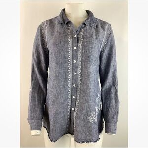 John Mark Sz S Boho 100% Linen Embroidered Button Top Blue Long Sleeve Floral